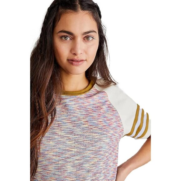 WE THE FREE Tailgate Tee Sz S Multicolor Print Raglan Striped Sleeves Retro 70s - Picture 4 of 10